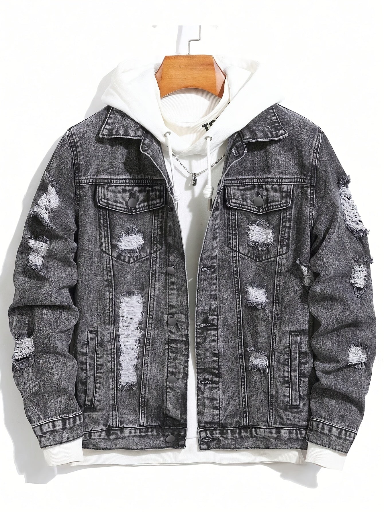 Campera de denim desgastada con capucha interior desmontable